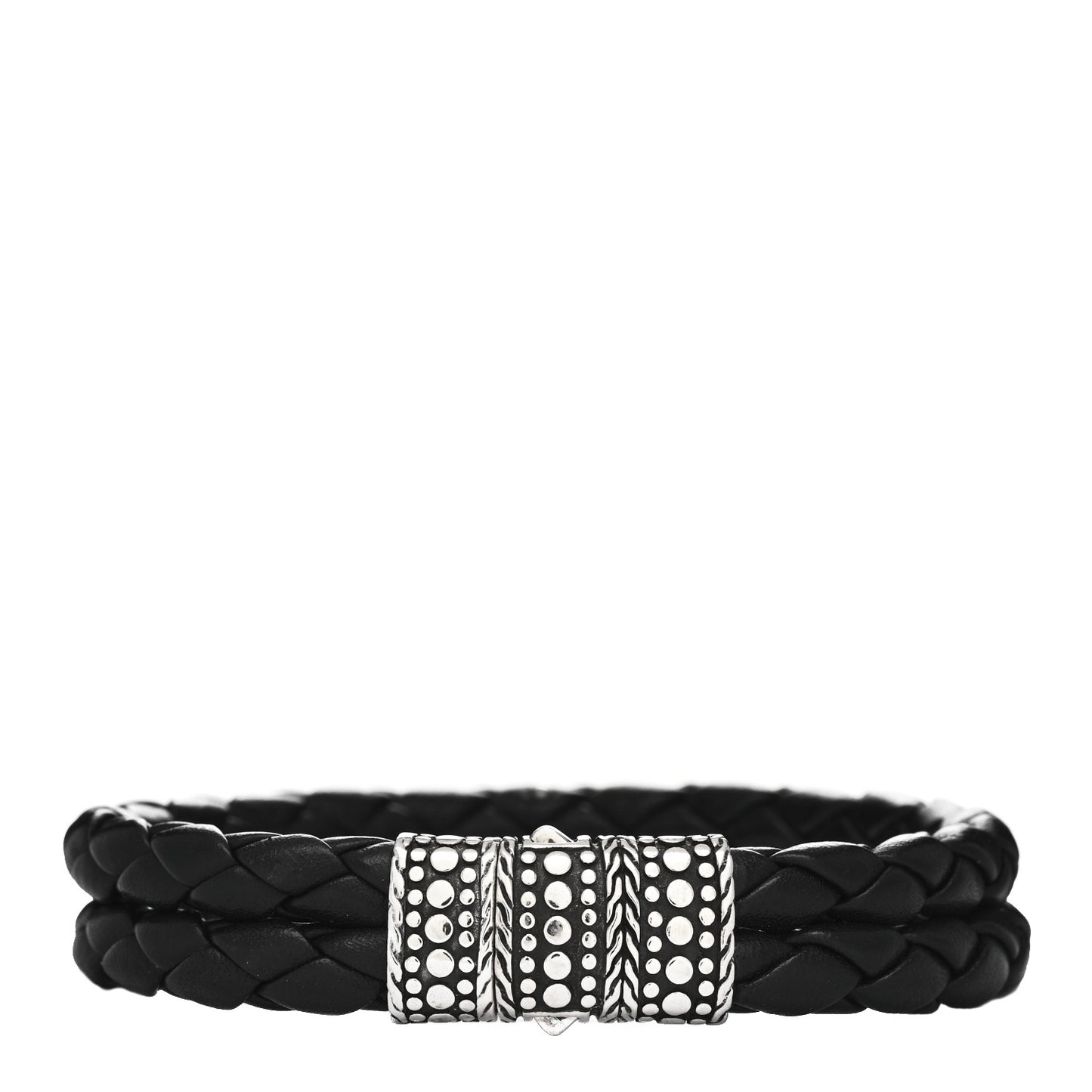 Sterling Silver Leather Two Row Braided Dot Bracelet Black