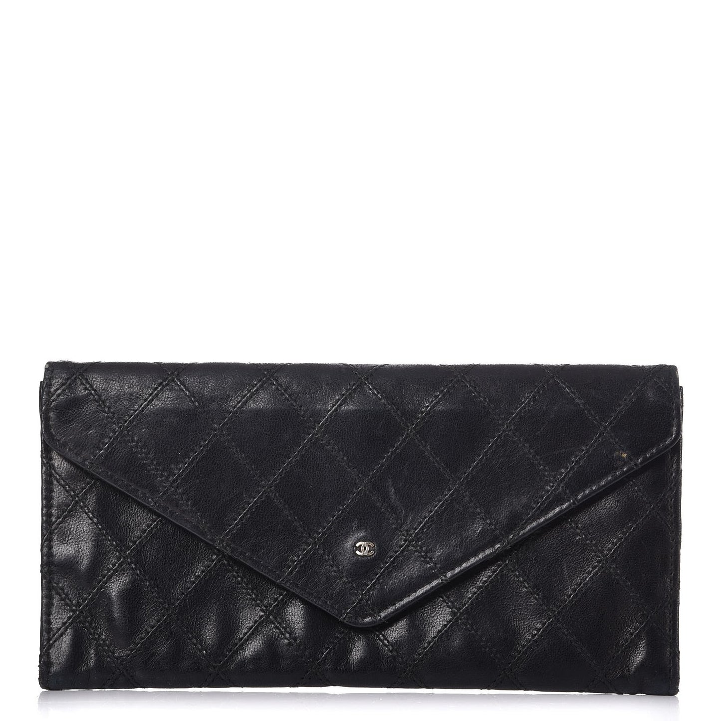 Lambskin Diamond Stitched Envelope Long Flap Wallet Black