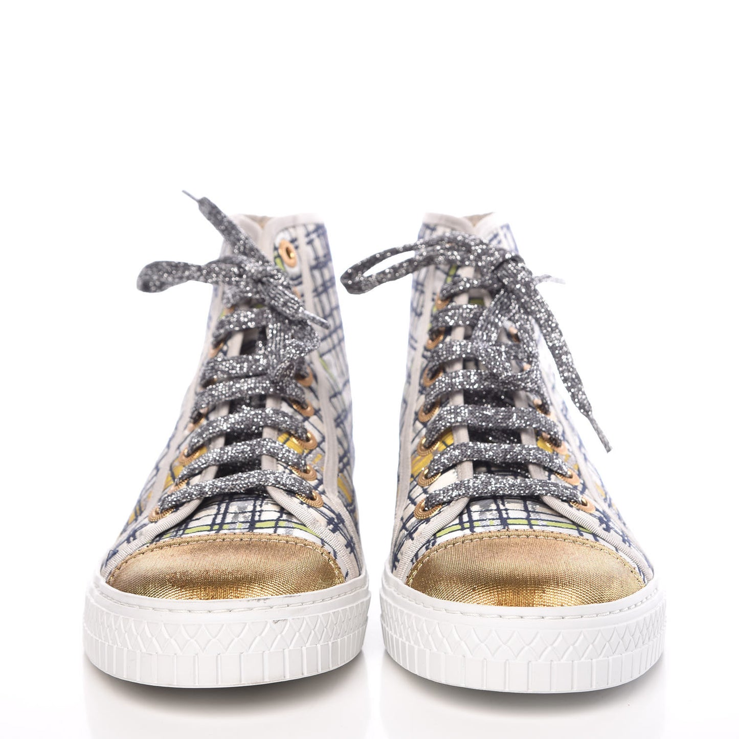 Metallic Tweed High Top Sneakers 38.5 Ecru Black Yellow Gold