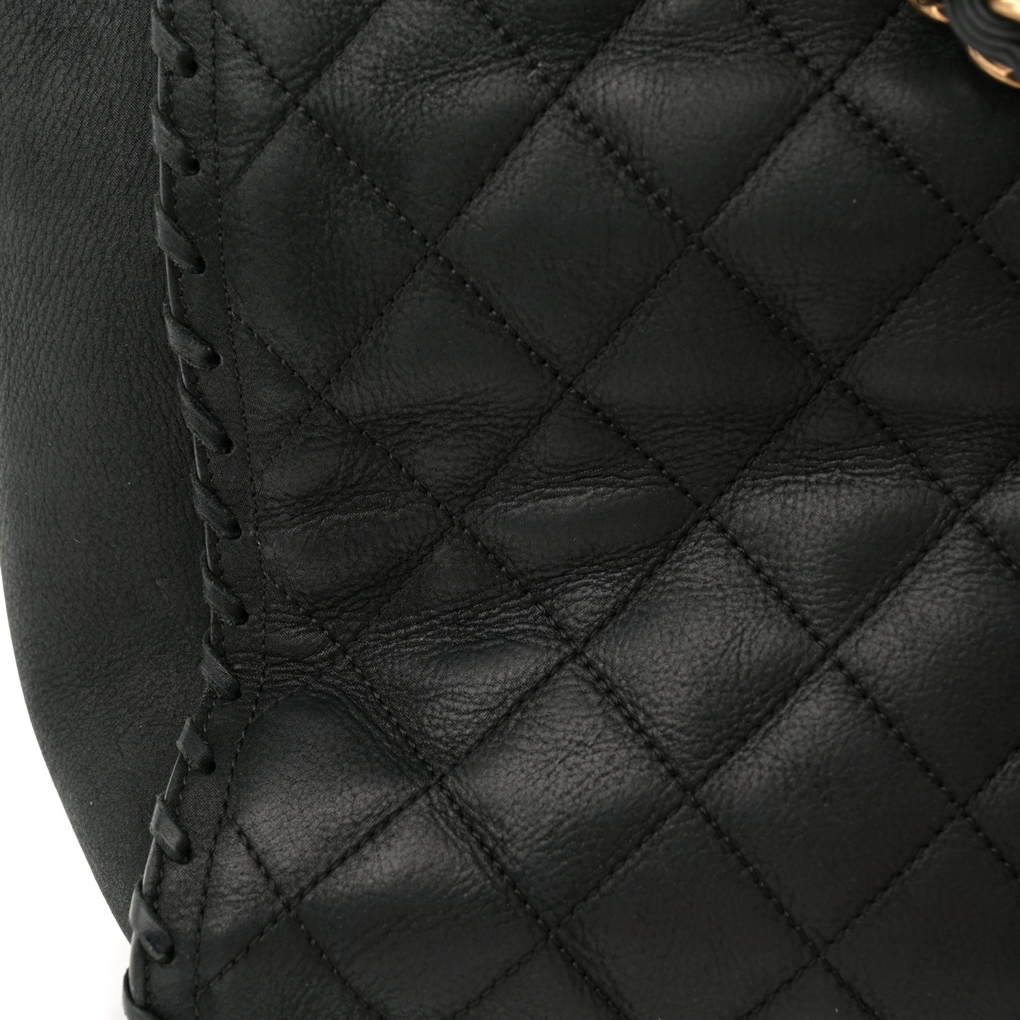 Iridescent Calfskin Quilted Happy Stitch Shopping Tote Black