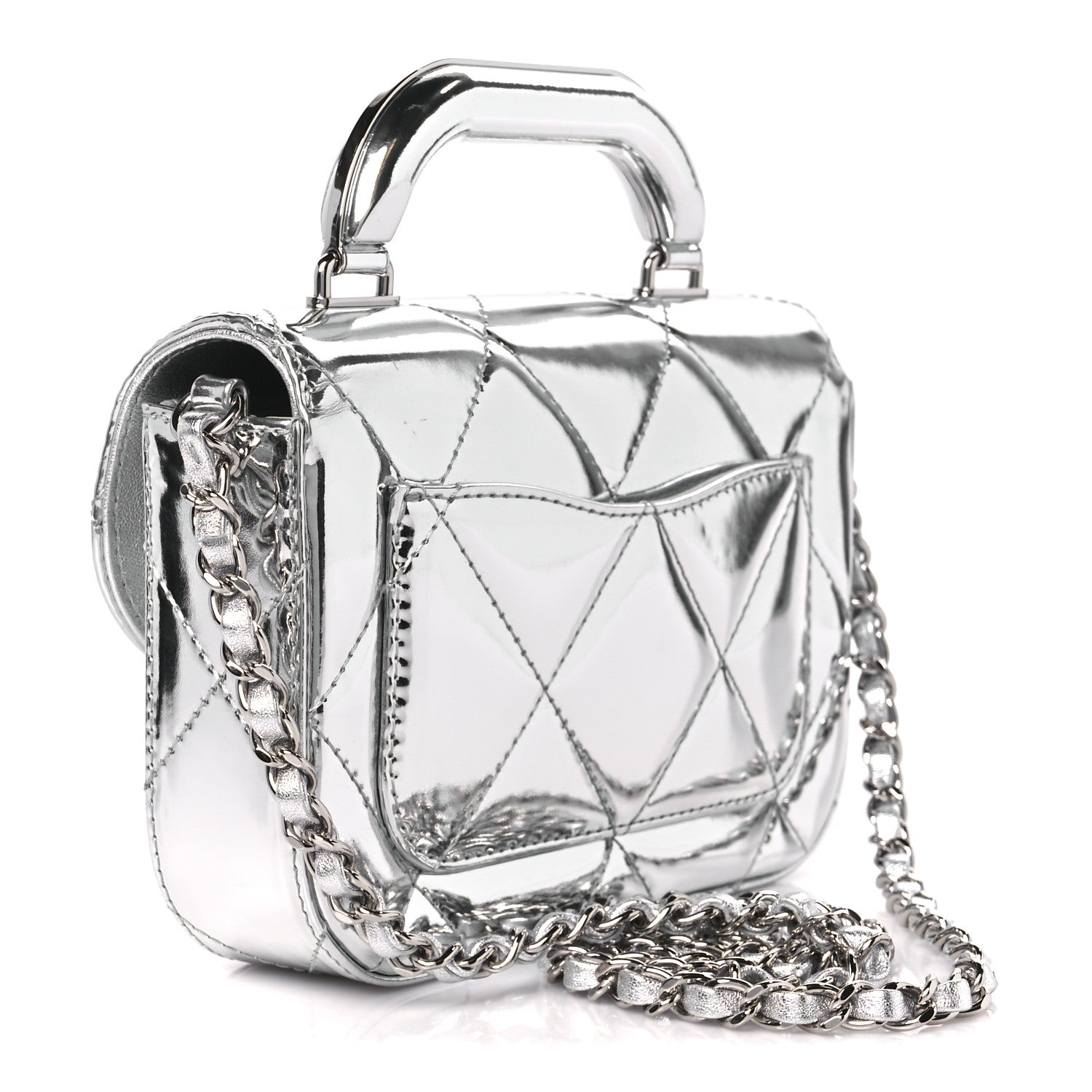 Chanel Mirror Calfskin Small Top Handle Clutch With Chain Silver 3 of 12
