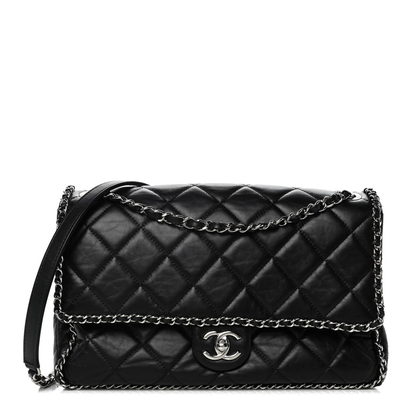 Crumpled Calfskin Quilted Large Chain All Over Flap Bag Black