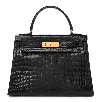 Hermes Shiny Niloticus Crocodile Kelly Sellier 28 Black 1 of 13