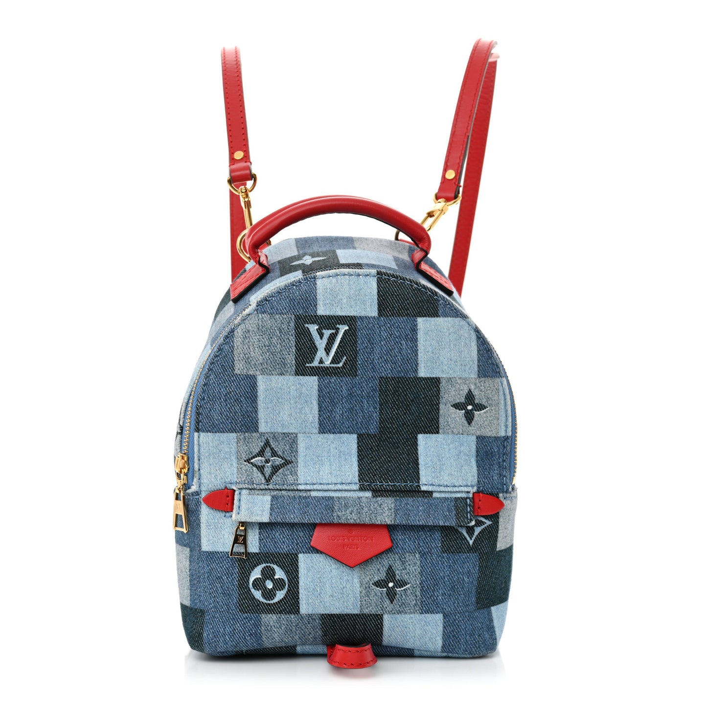 Denim Damier Monogram Patchwork Palm Springs Backpack Mini Blue Rouge