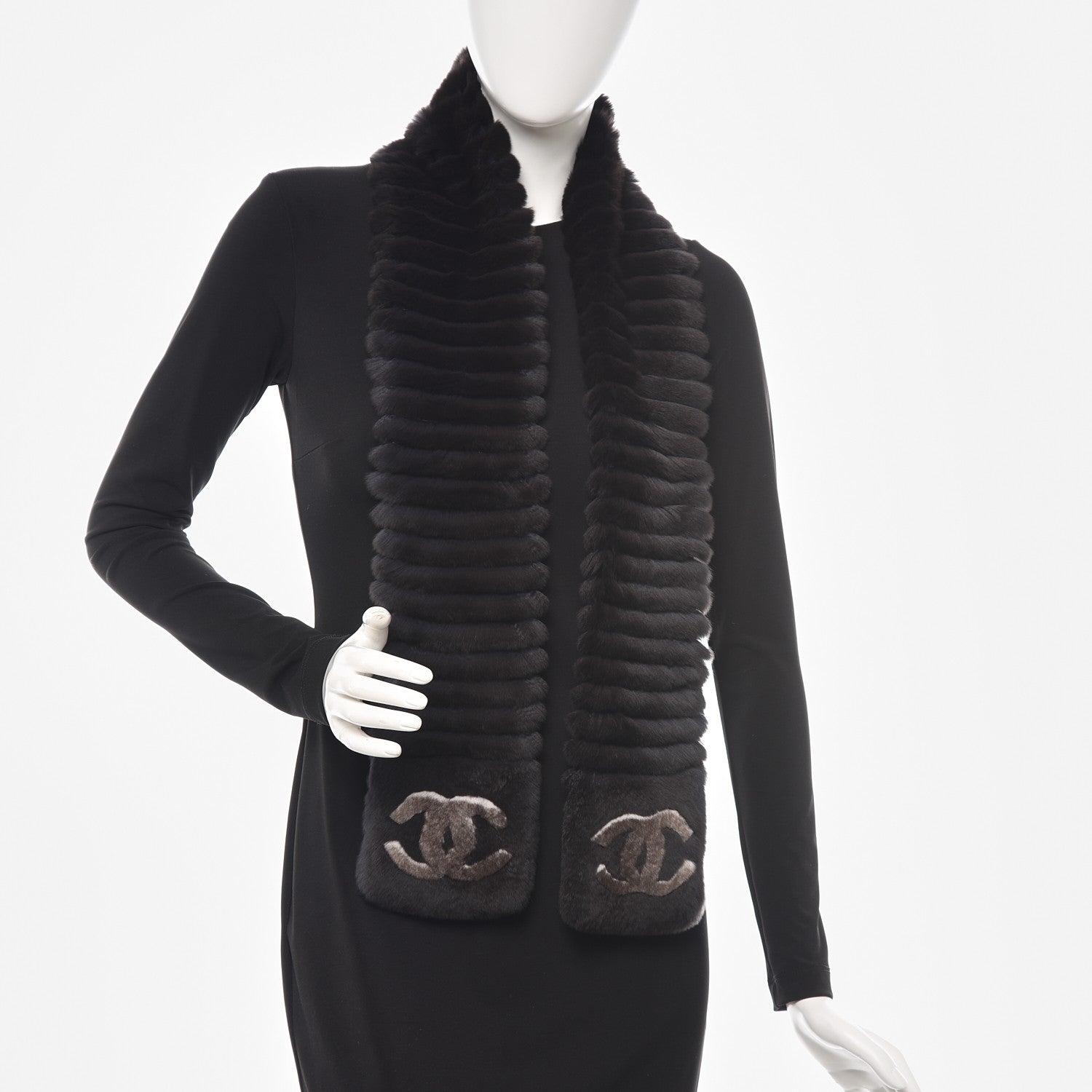 Chanel Orylag Rabbit Fur CC Scarf Black Grey 2 of 4