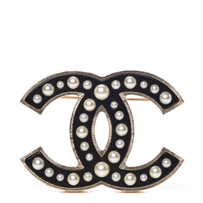 Chanel Pearl Enamel CC Brooch Black Gold 1 of 5