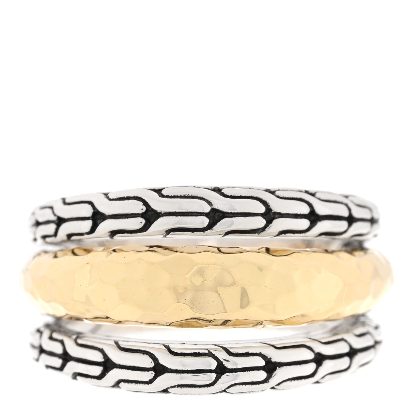 Sterling Silver 18K Yellow Gold Classic Chain Hammered 3-Row Ring 58 8.25