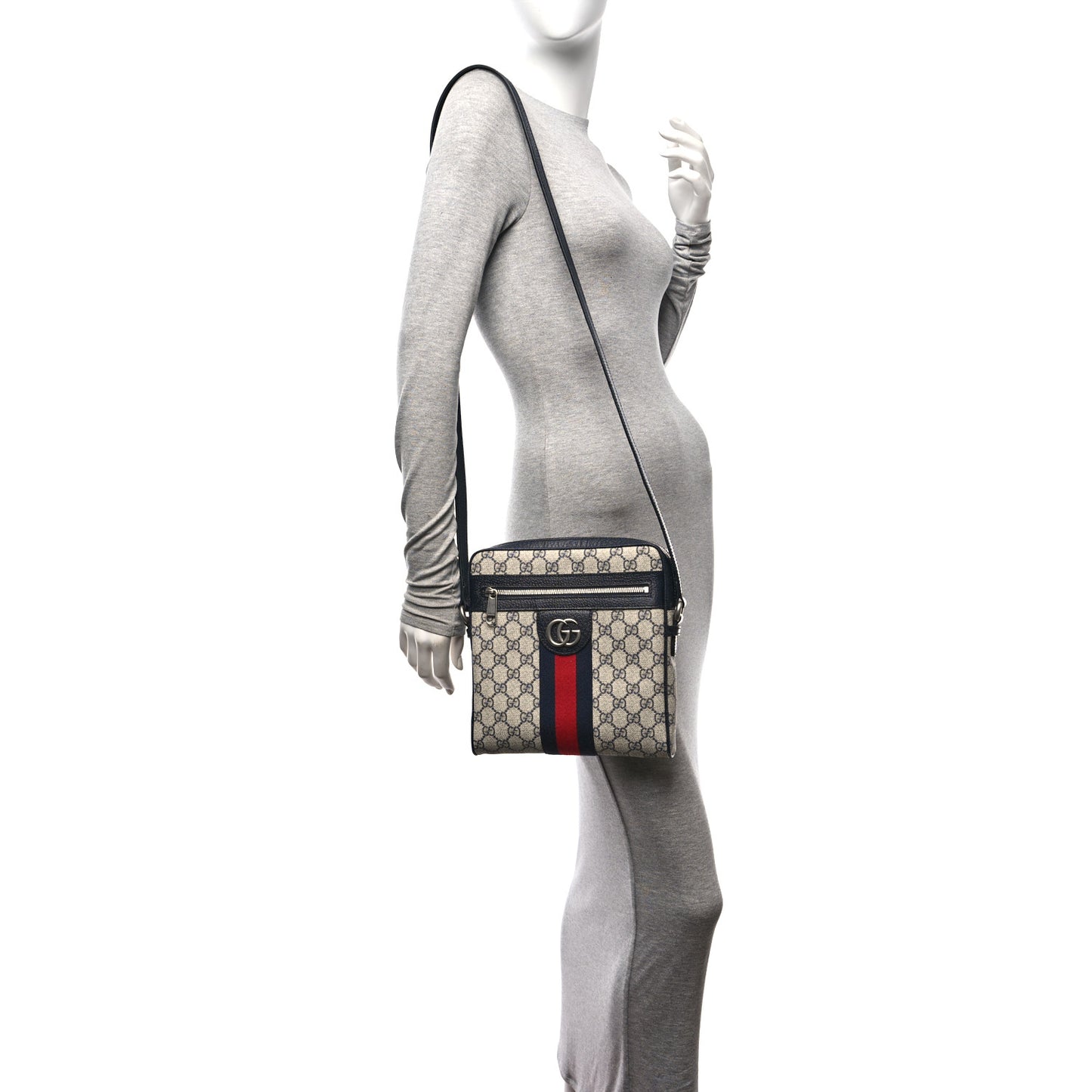 GG Supreme Monogram Textured Dollar Calfskin Web Small Ophidia Messenger Bag Beige Blue