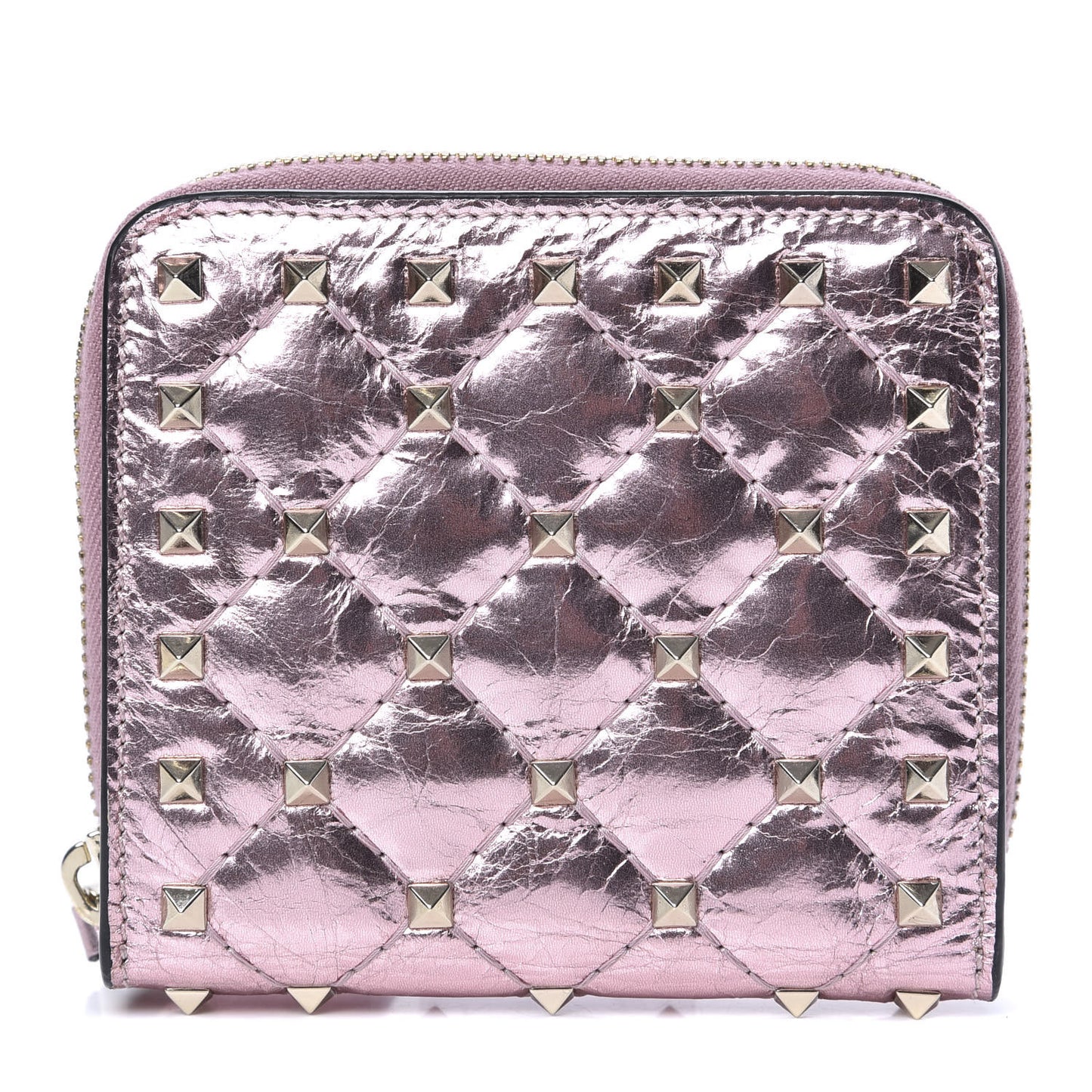 Metallic Wrinkled Lambskin Rockstud Spike Compact Zip Around Wallet Lipstick