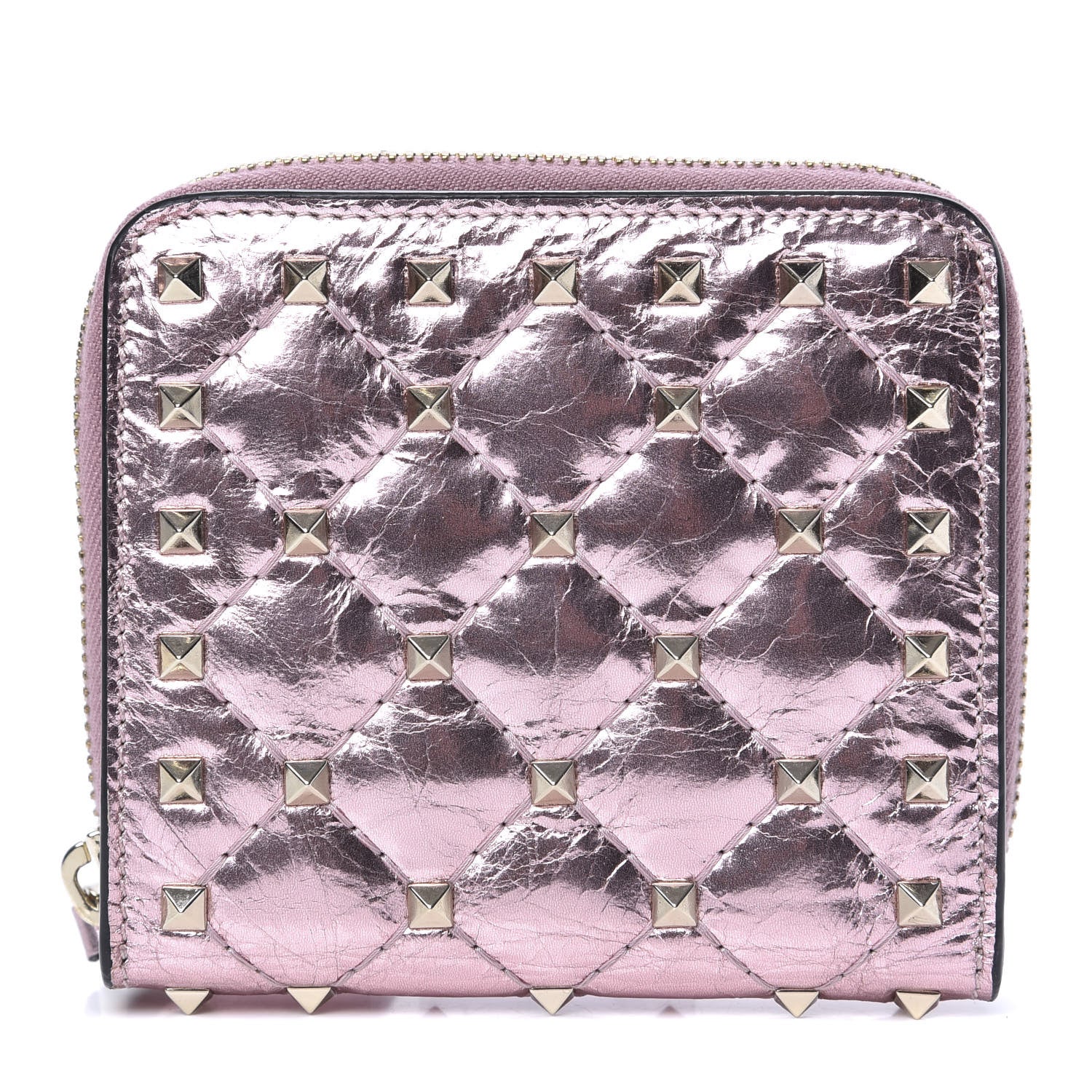 Valentino Garavani Metallic Wrinkled Lambskin Rockstud Spike Compact Zip Around Wallet Lipstick 1 of 7