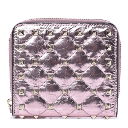 Valentino Garavani Metallic Wrinkled Lambskin Rockstud Spike Compact Zip Around Wallet Lipstick 1 of 7
