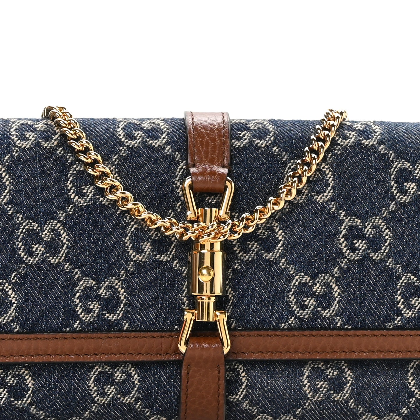 New Denim GG Monogram Jackie 1961 Chain Wallet Blue Tea Cuir