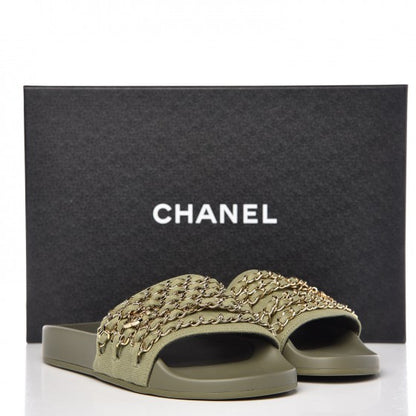 Chanel Canvas Chain Flat Sandals 36 Khaki 9 of 9