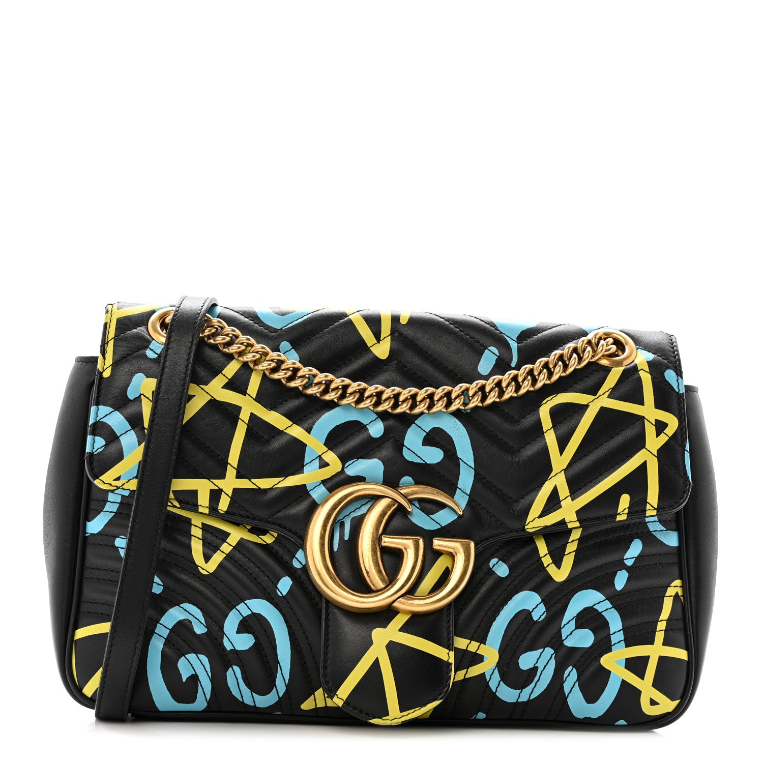 Gucci Calfskin Matelasse GucciGhost Medium GG Marmont Shoulder Bag Black New Acquamarine 1 of 12