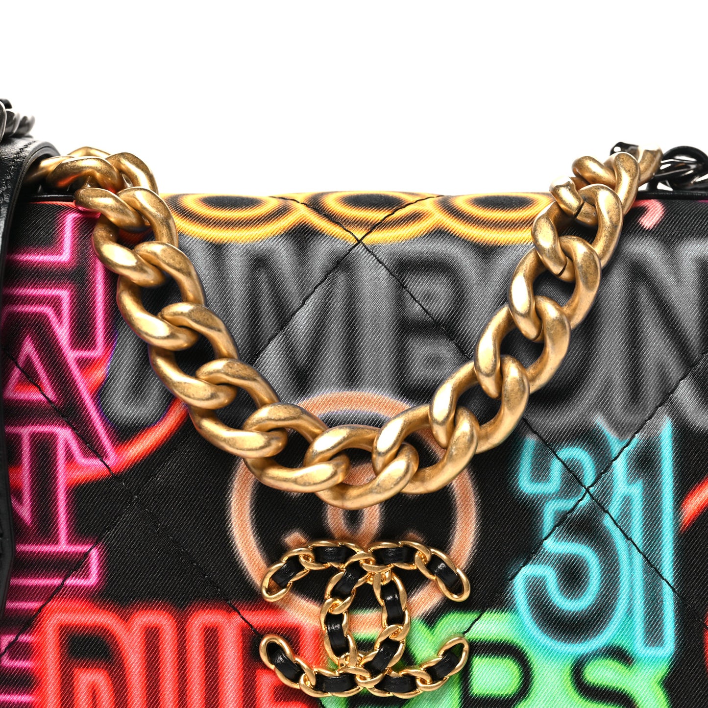 Fabric Printed Chanel 19 Wallet On Chain WOC Black Multicolor