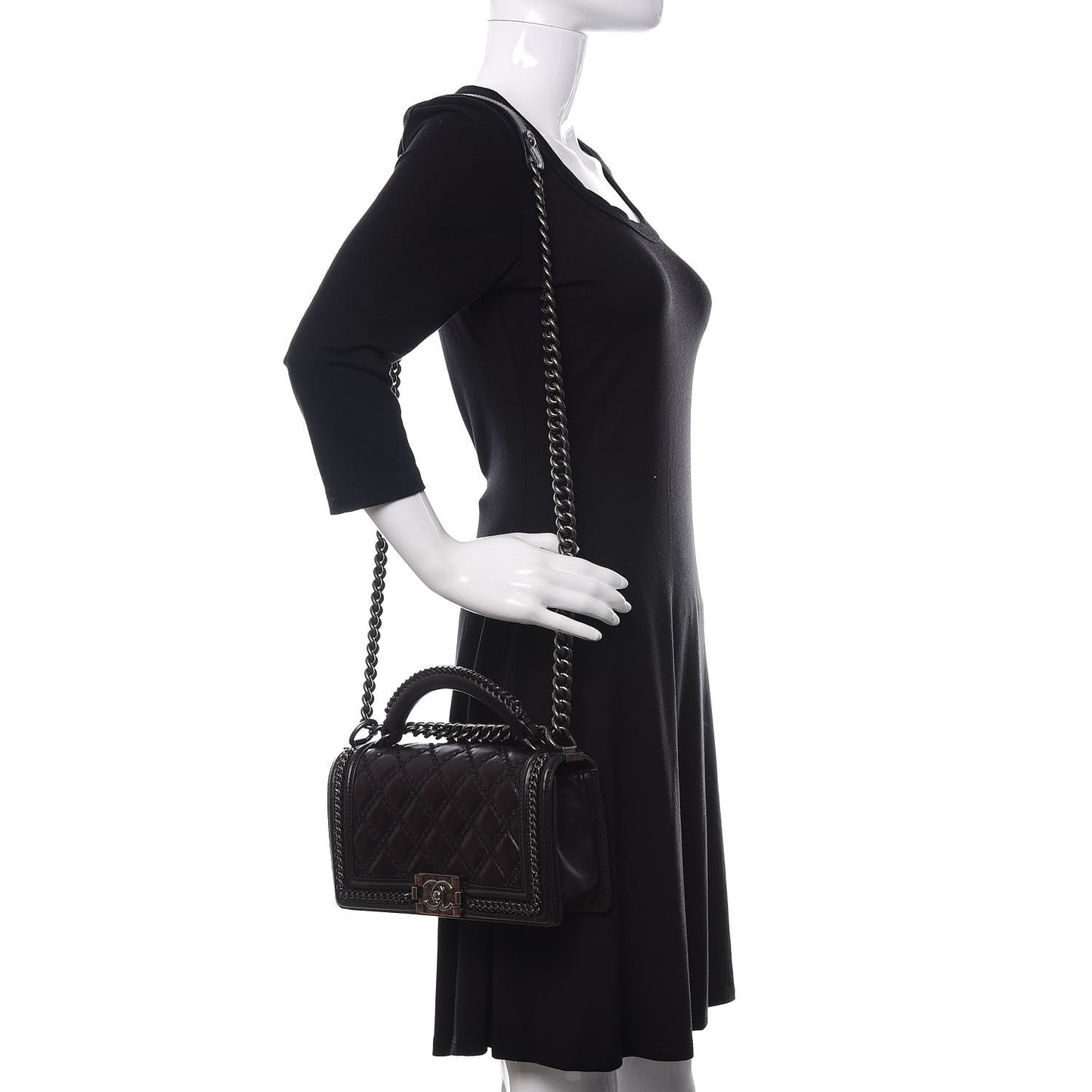 Goatskin Quilted Medium Boy Top Handle Flap Black