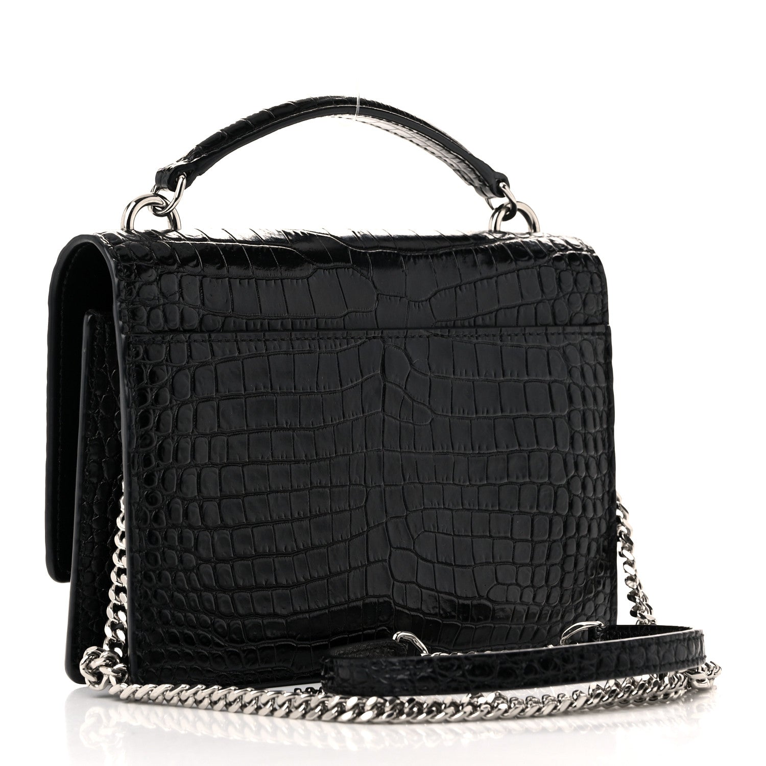 Saint Laurent Calfskin Crocodile Embossed Monogram Sunset Top Handle Chain Wallet Black 3 of 10