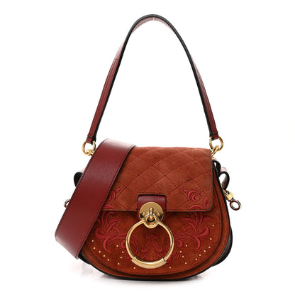 Chloe Suede Calfskin Quilted Embroidered Small Tess Saddle Bag Reddish Brown 1 of 12