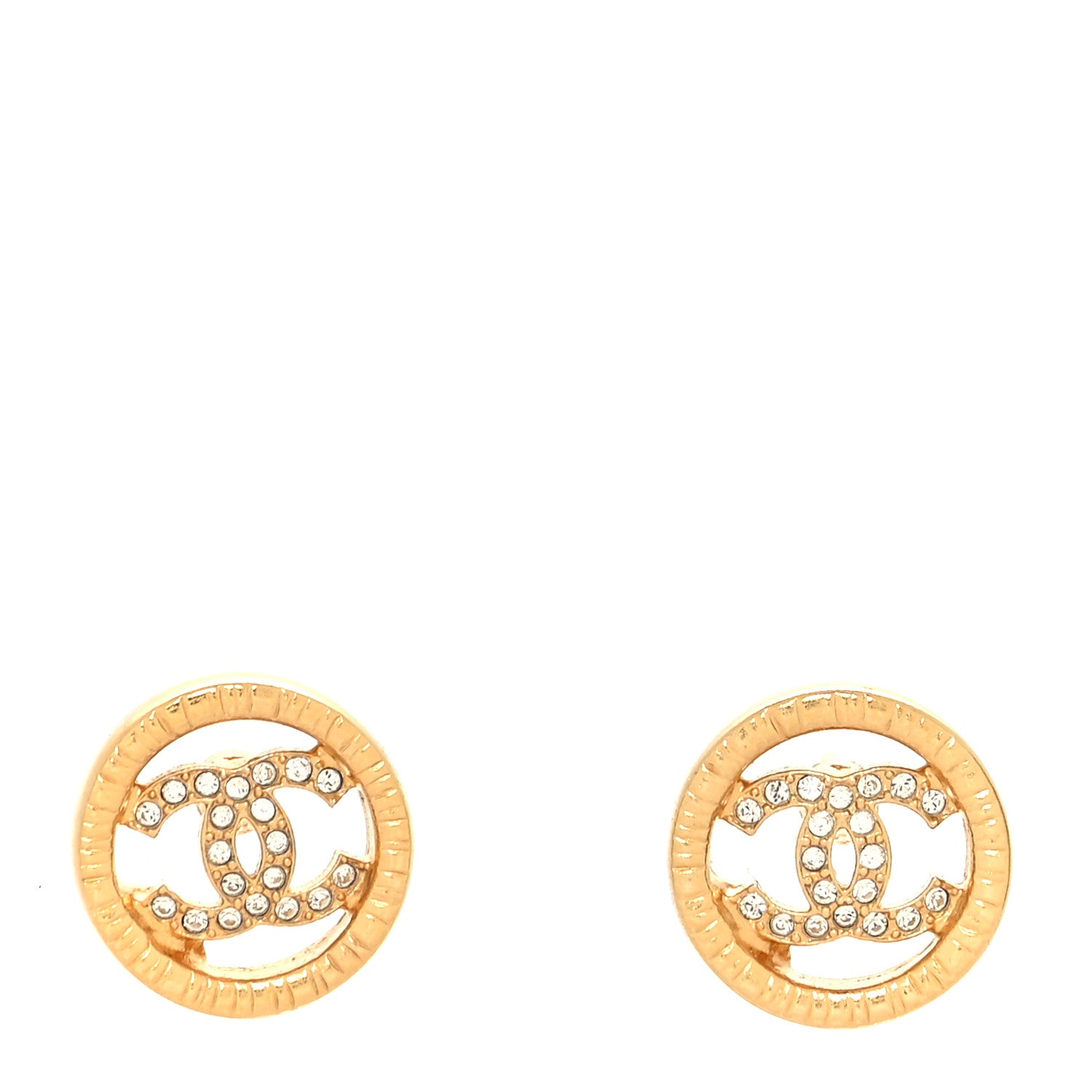 Chanel Metal Crystal Textured CC Round Earrings Gold 1 of 4