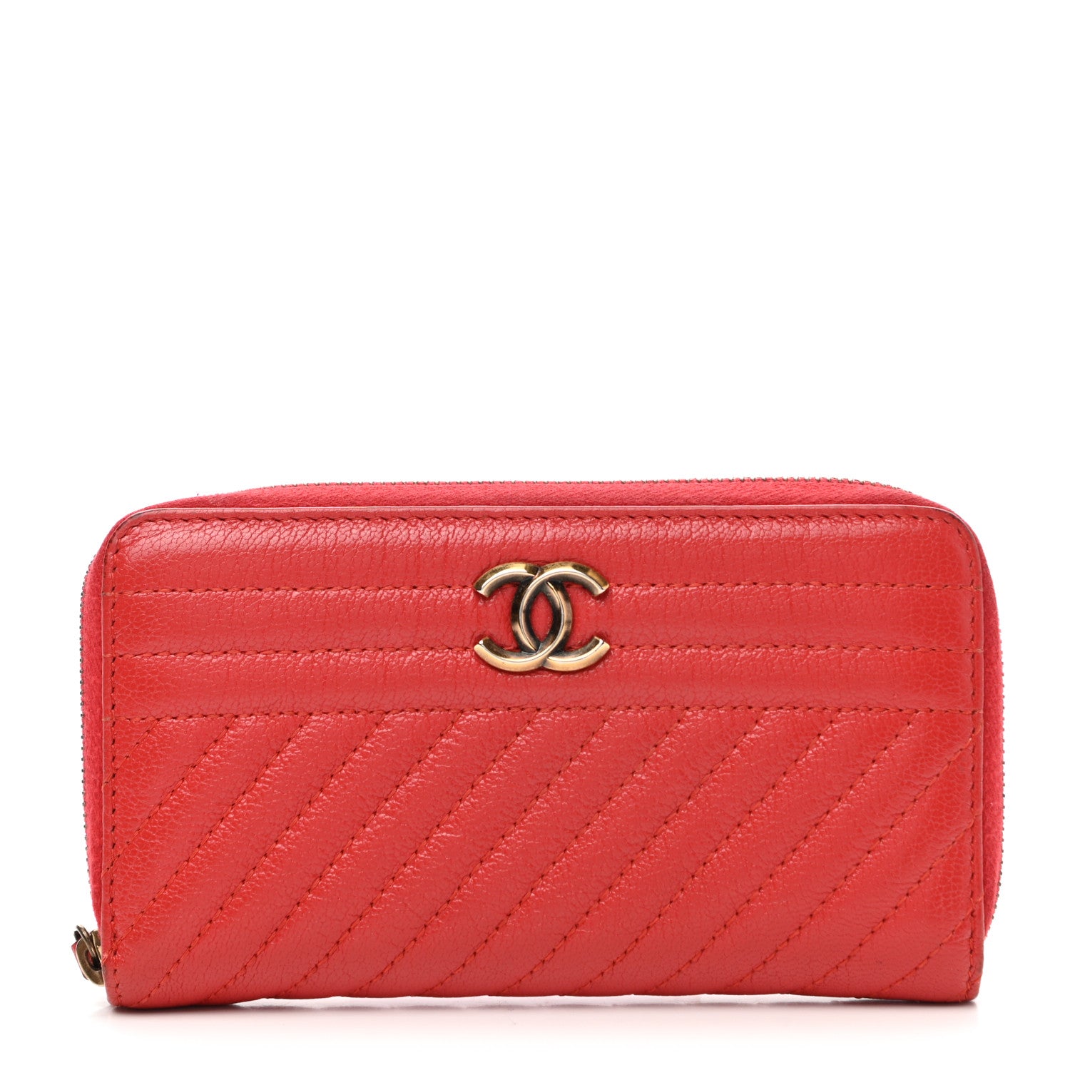 Chanel Shiny Goatskin Diagonal Quilted Small Zip Around Wallet Red 1 of 11