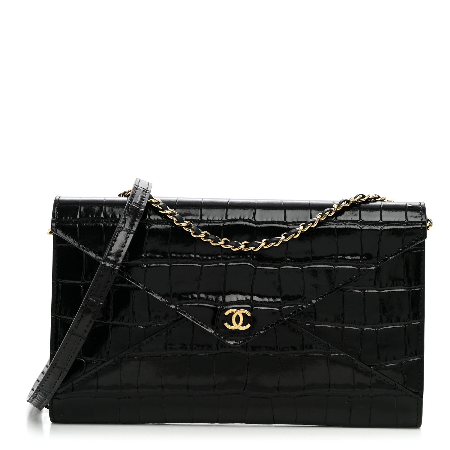 Chanel Calfskin Crocodile Embossed Envelope Clutch With Strap Black 1 of 9