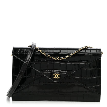 Chanel Calfskin Crocodile Embossed Envelope Clutch With Strap Black 1 of 9