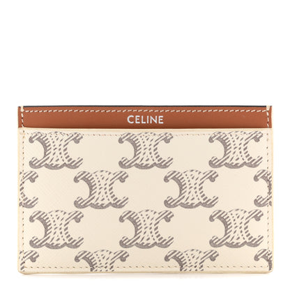 Celine Triomphe Canvas Calfskin Card Holder White Tan 1 of 6