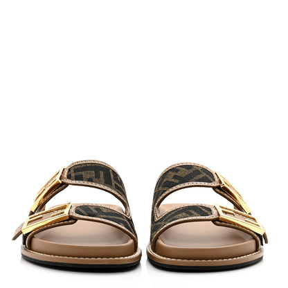 Fendi Fabric Jacquard Nappa FF Womens Fendi Feel Buckled Slide Sandals 37.5 Tobacco Black Miele Scuro 2 of 9