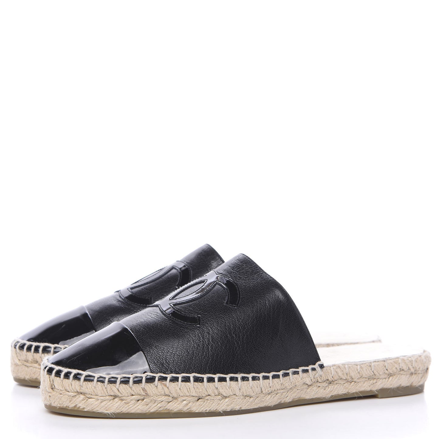 Iridescent Goatskin Patent CC Espadrille Mules 39 Black