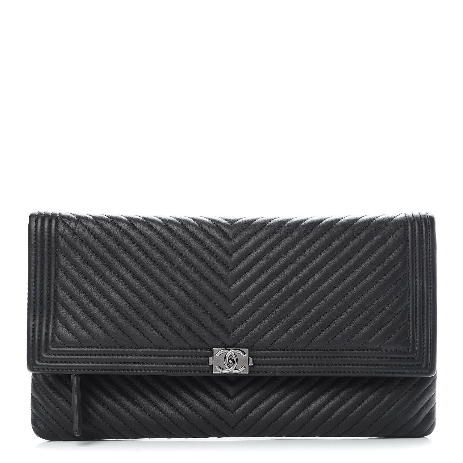 Chanel Calfskin Chevron Quilted Beauty CC Boy Clutch Black 1 of 10