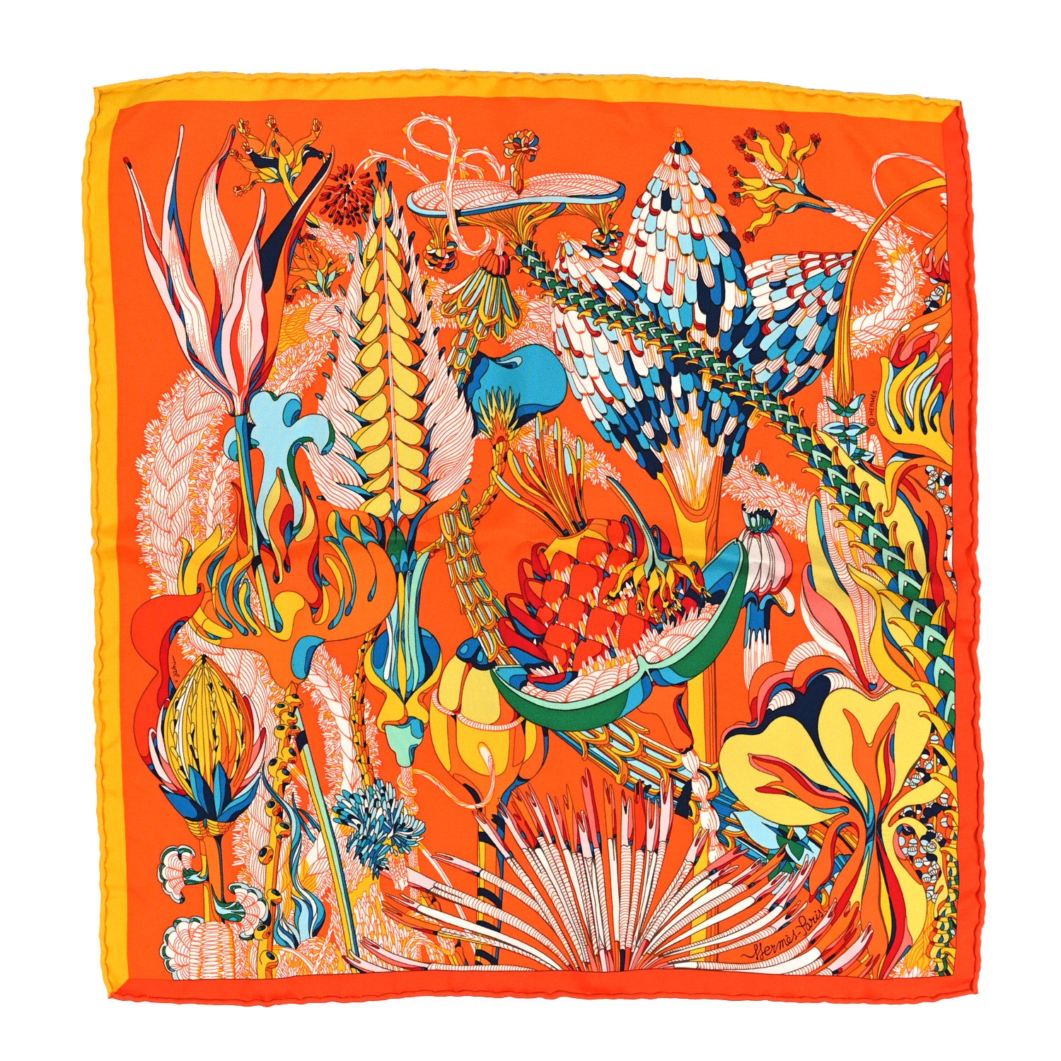 Hermes Silk Fantaisie Botanique Scarf 45 Orange Turquoise 1 of 4