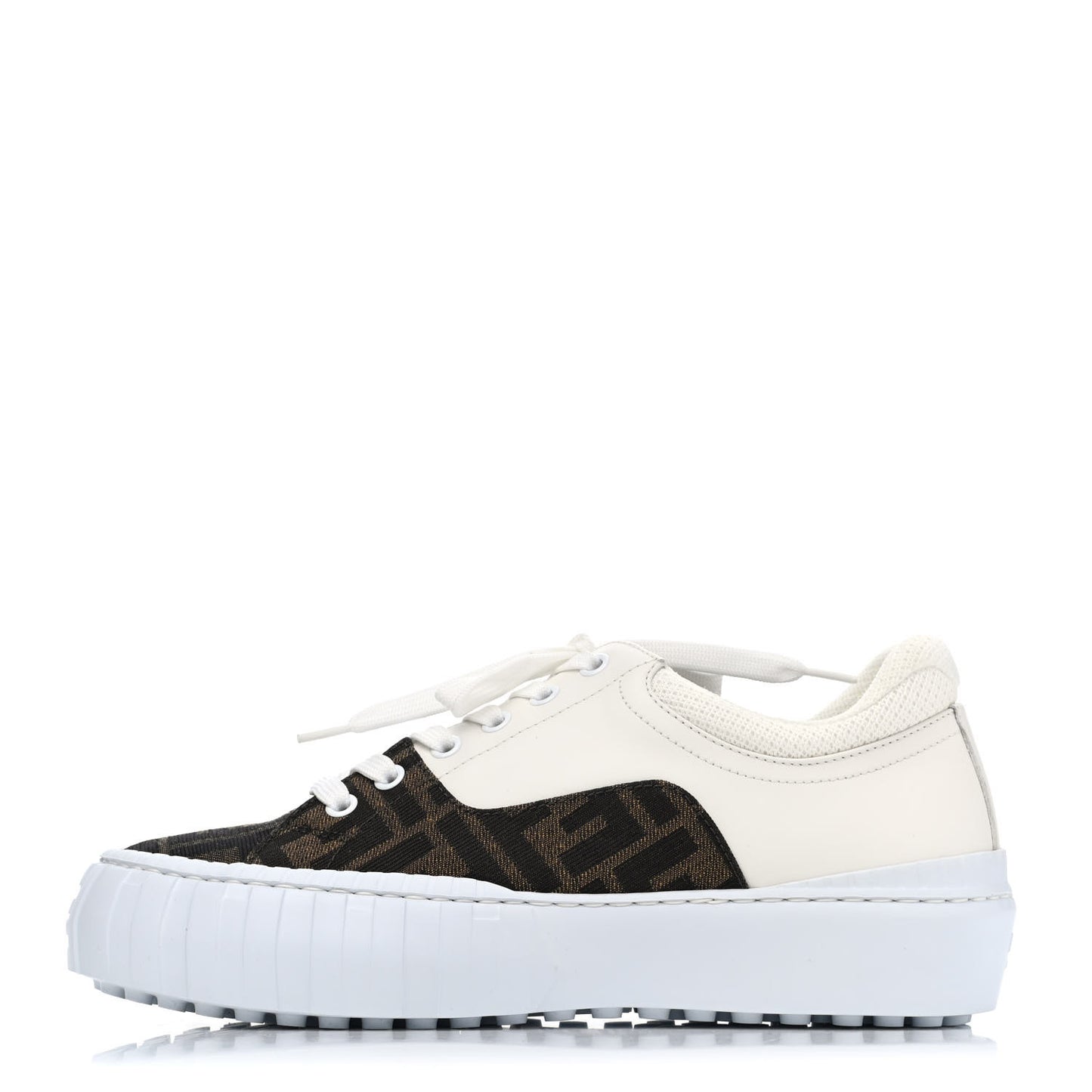 Fabric Jacquard Vitello Technical Fabric FF Womens Fendi Force Low Top Sneakers 38 Tobacco Black Ultrawhite White