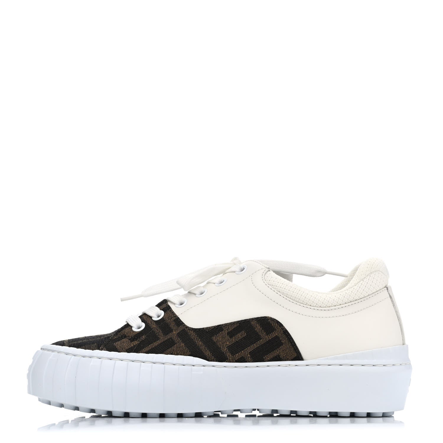 Fendi Fabric Jacquard Vitello Technical Fabric FF Womens Fendi Force Low Top Sneakers 38 Tobacco Black Ultrawhite White 1 of 4