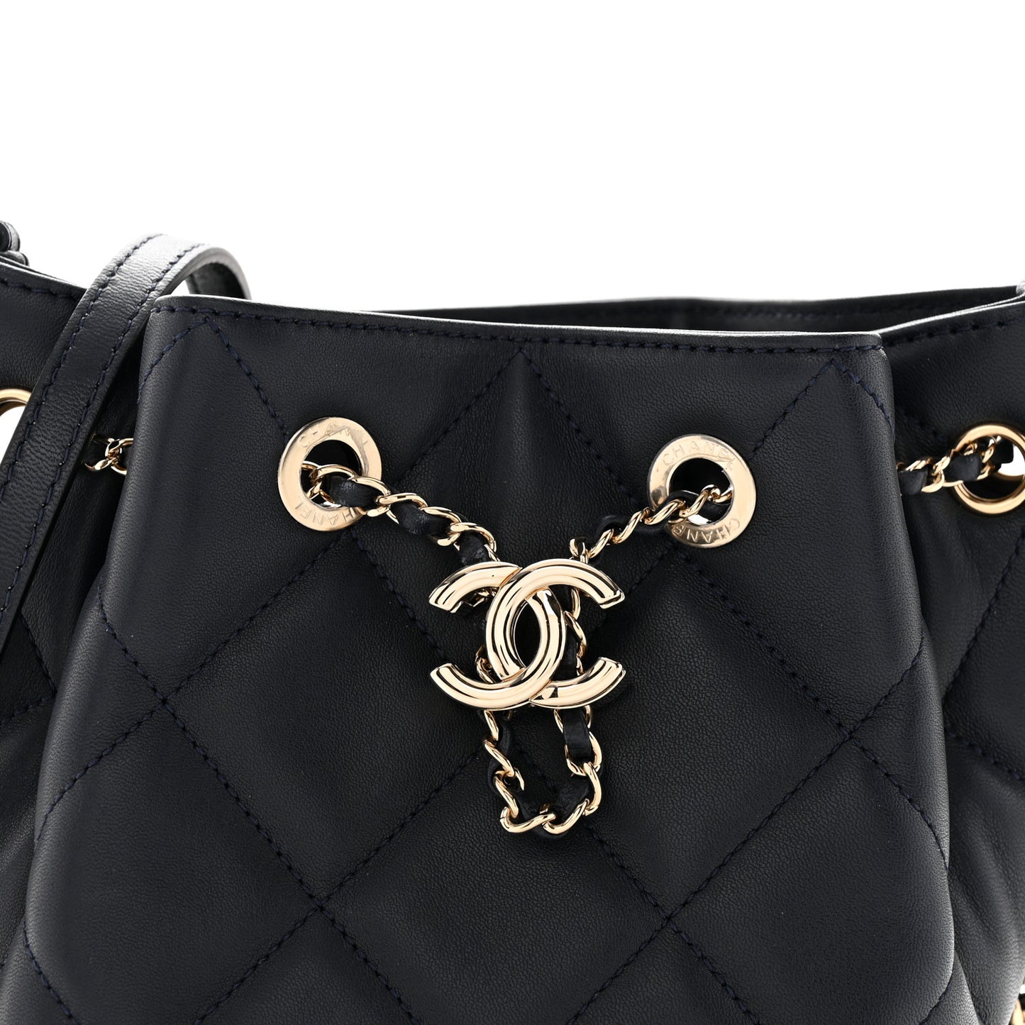 Lambskin Quilted CC Dweller Drawstring Bucket Bag Navy