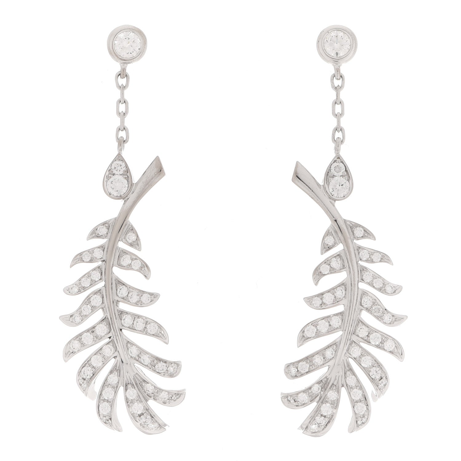 Chanel 18K White Gold Diamond Plume De Chanel Drop Earrings 1 of 10