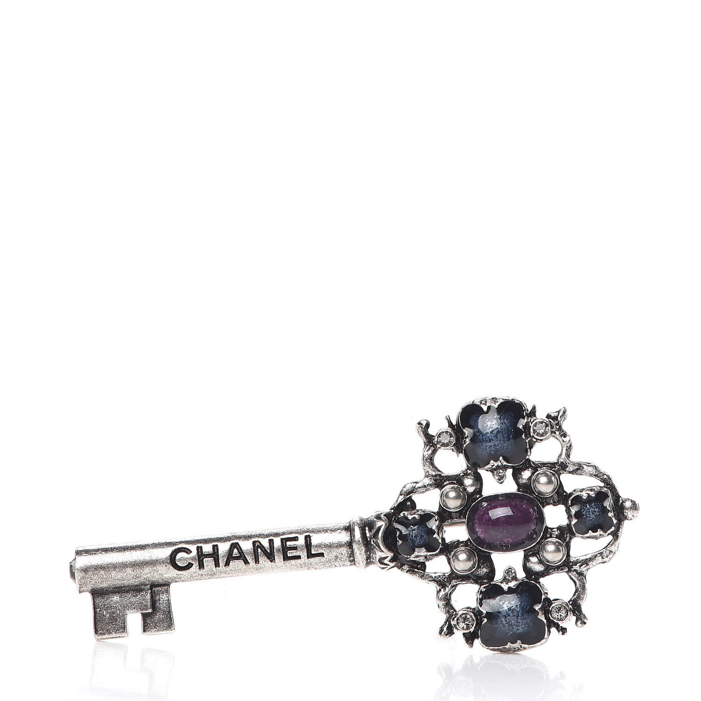 Gripoix Poured Glass Crystal Key Brooch Blue Purple
