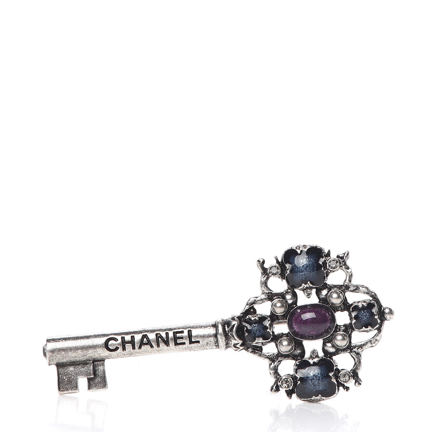 Chanel Gripoix Poured Glass Crystal Key Brooch Blue Purple 1 of 4