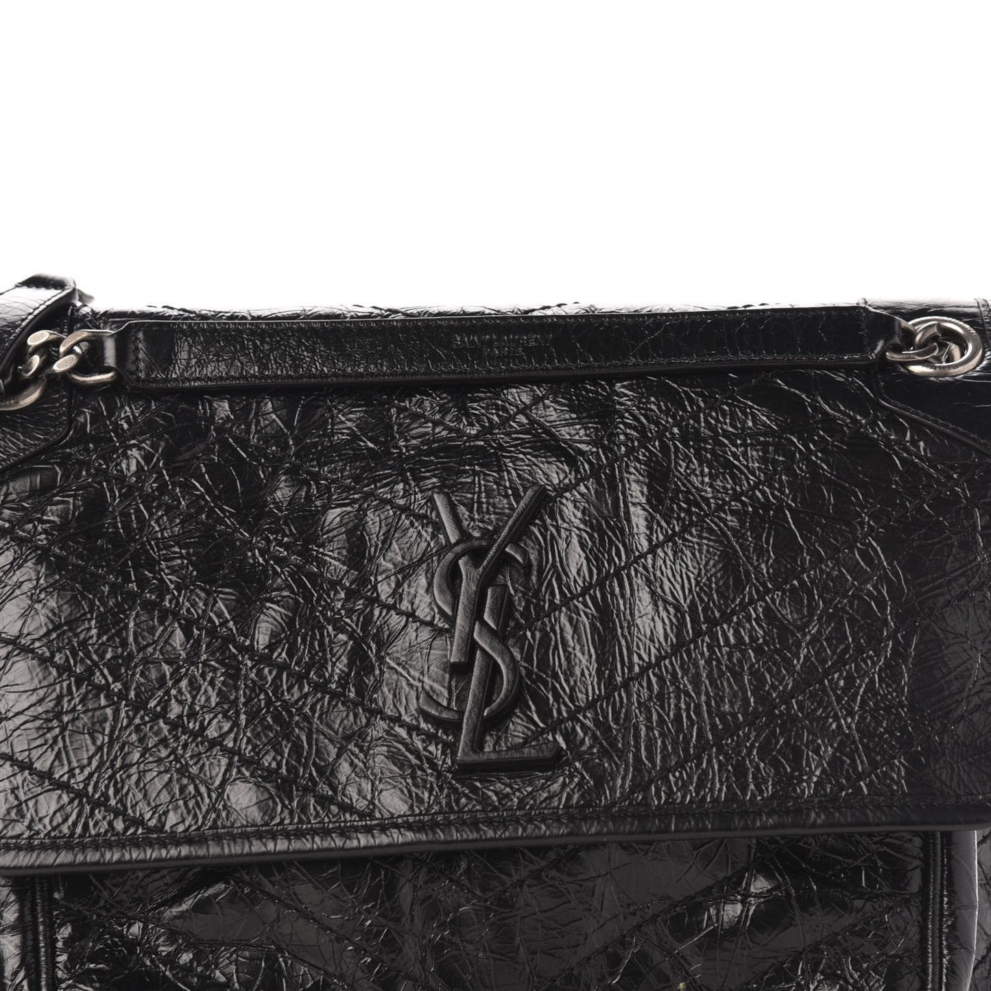 Crinkled Calfskin Matelasse Monogram Medium Niki Chain Satchel Black