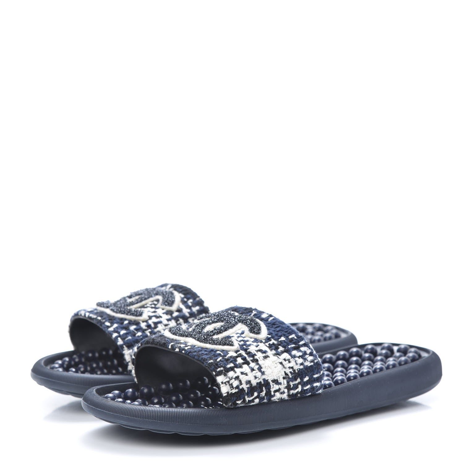 Chanel Tweed Rubber CC Flat Mules 38 Navy 3 of 7