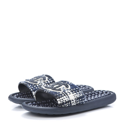Chanel Tweed Rubber CC Flat Mules 38 Navy 3 of 7