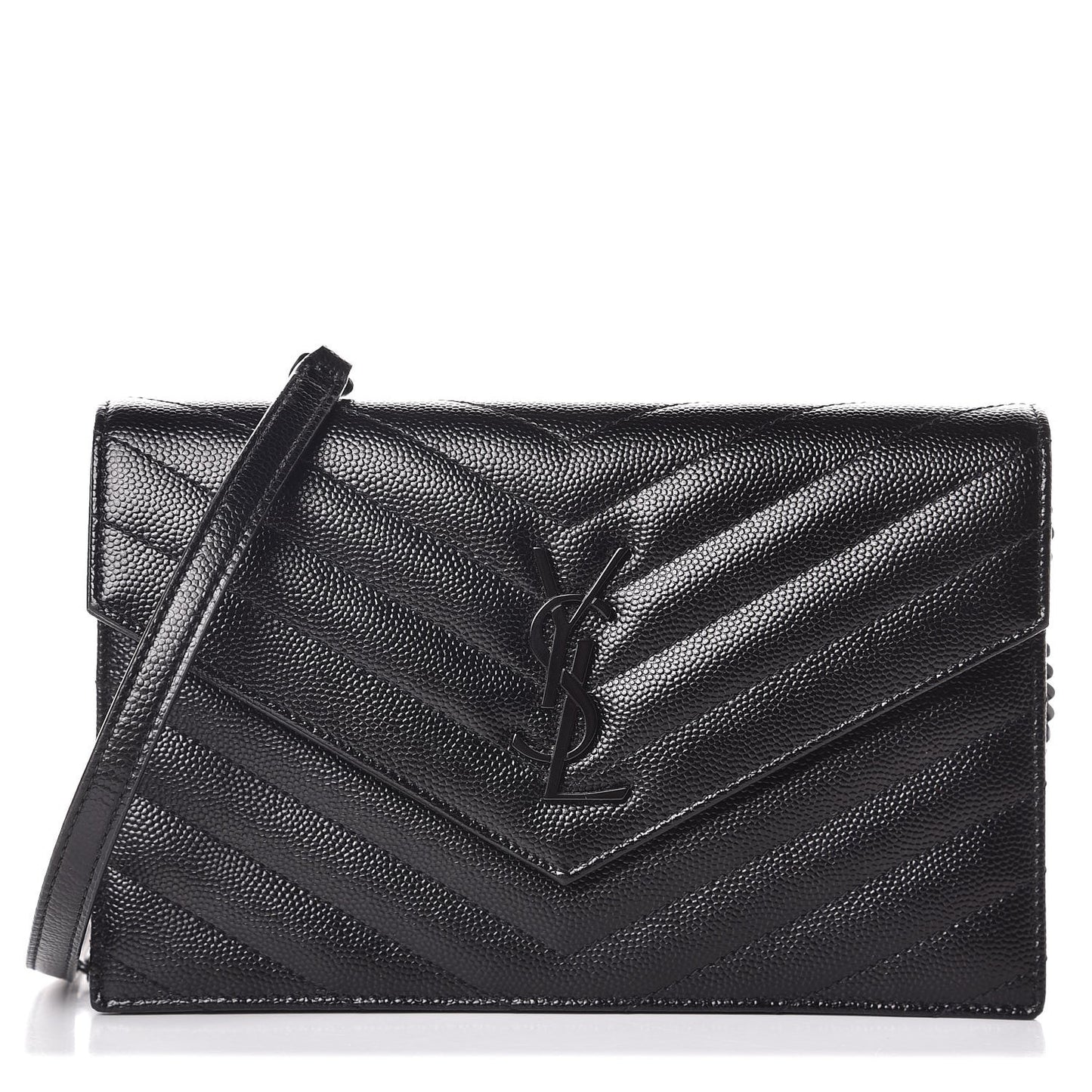 Grain De Poudre Matelasse Chevron Monogram Envelope Chain Wallet Black