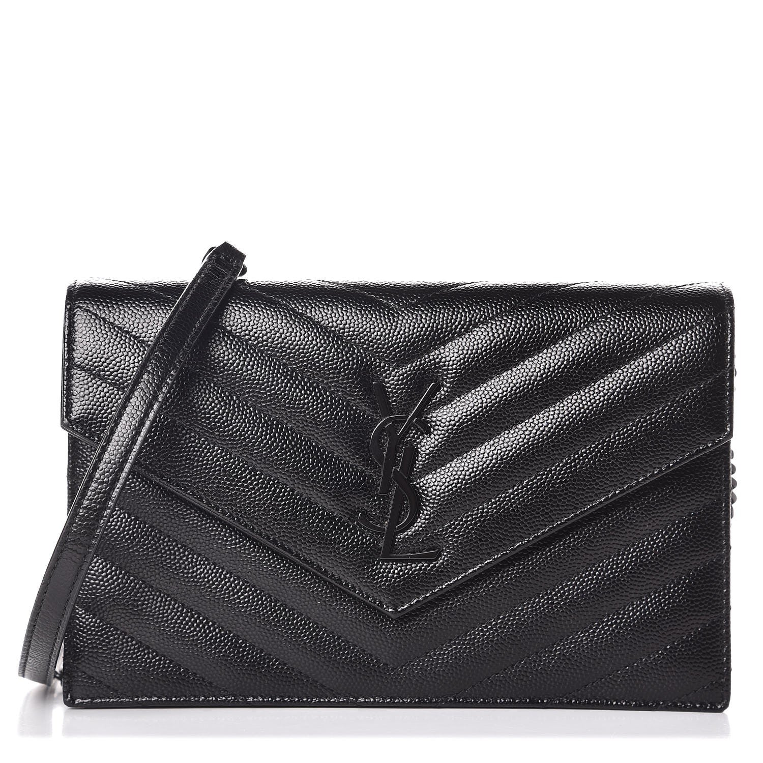 Saint Laurent Grain De Poudre Matelasse Chevron Monogram Envelope Chain Wallet Black 1 of 8