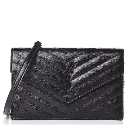 Saint Laurent Grain De Poudre Matelasse Chevron Monogram Envelope Chain Wallet Black 1 of 8