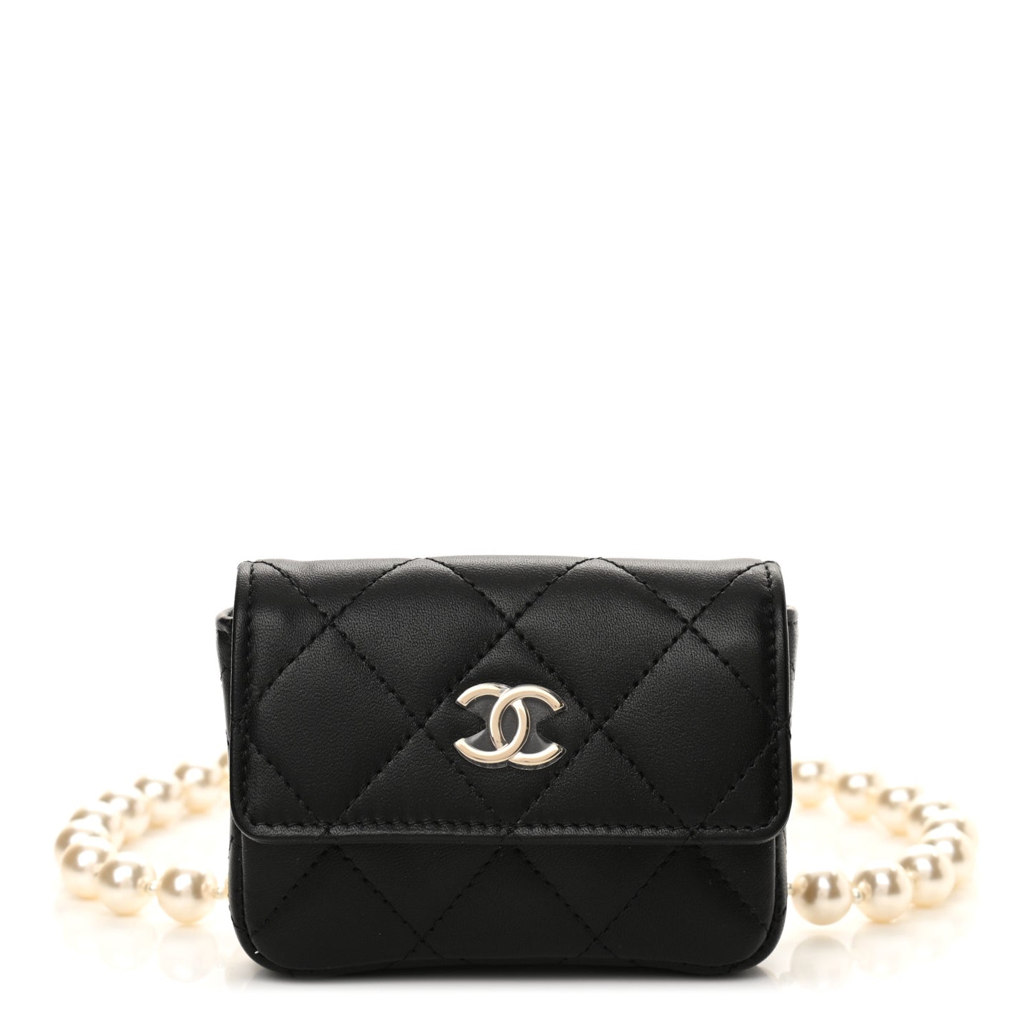 Lambskin Quilted Pearl Chain Belt Bag Black