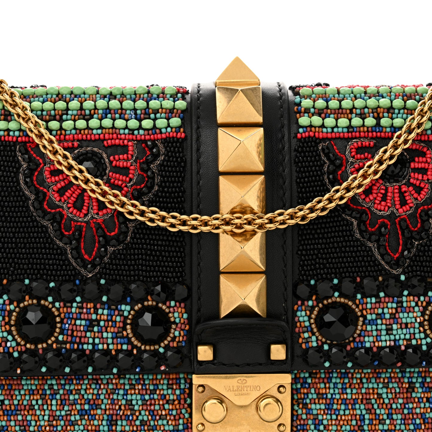 Vitello Beaded Medium Glam Lock Rockstud Flap Black