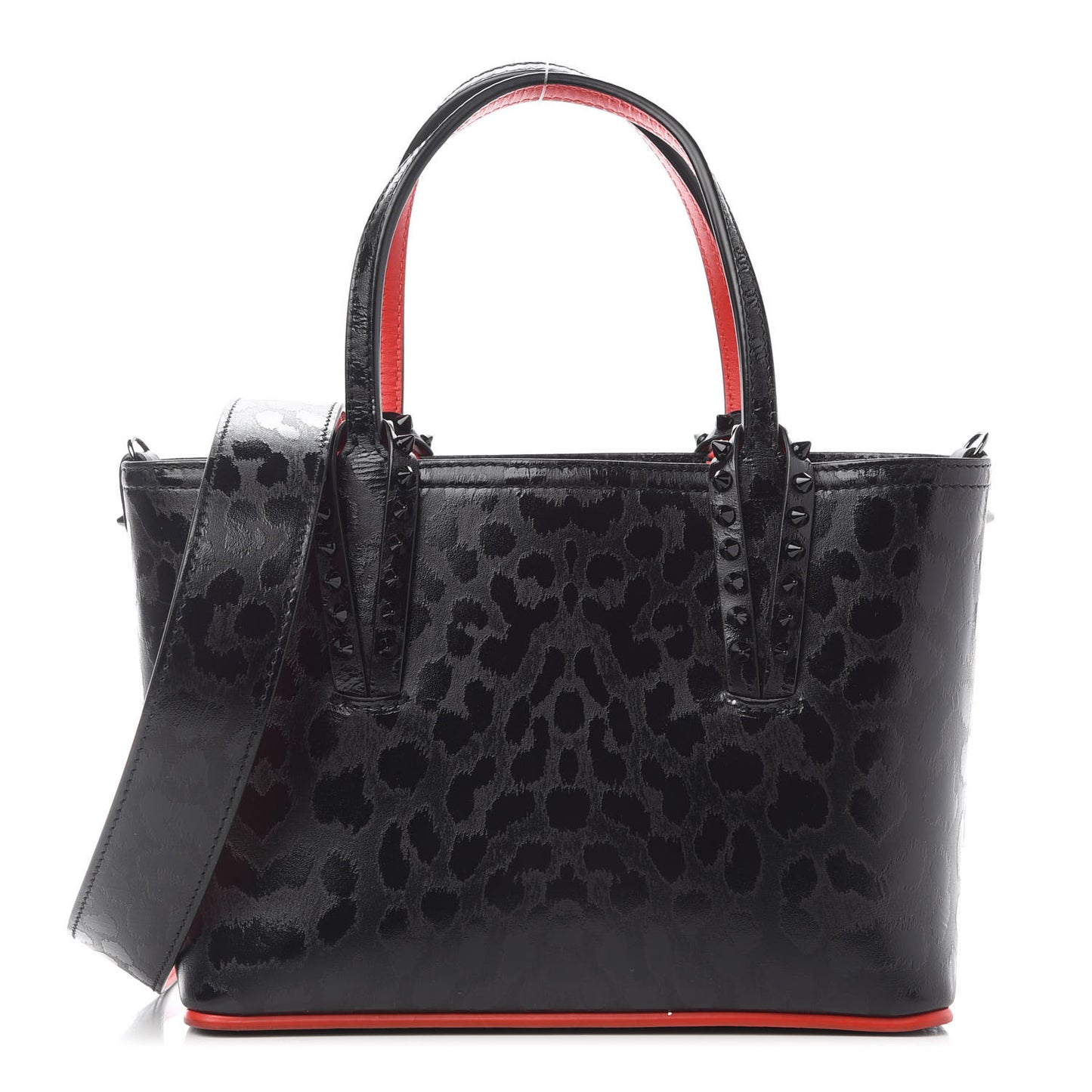 Patent Calfskin Leopard Print Spikes Mini East West Cabata Tote Black