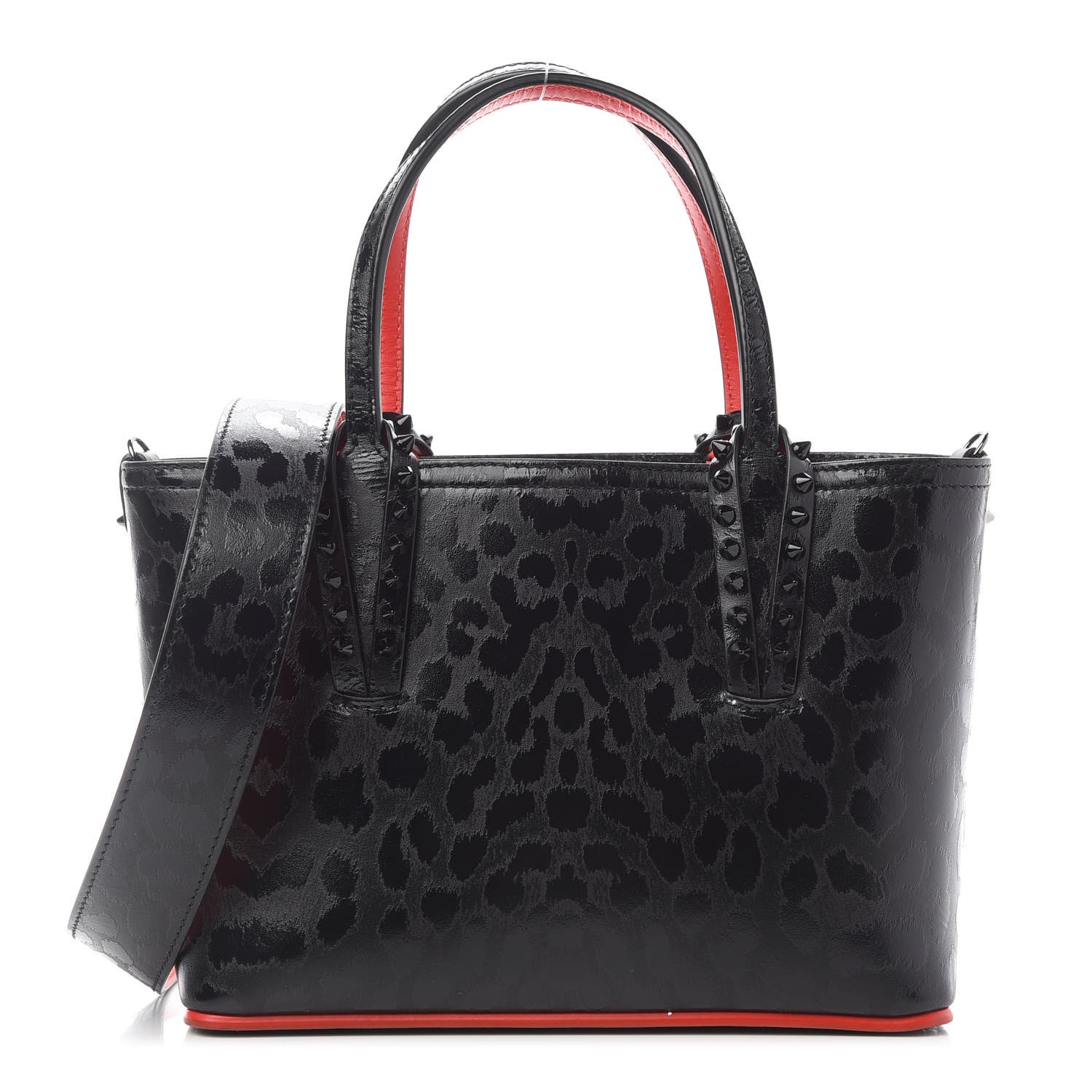 Christian Louboutin Patent Calfskin Leopard Print Spikes Mini East West Cabata Tote Black 1 of 9