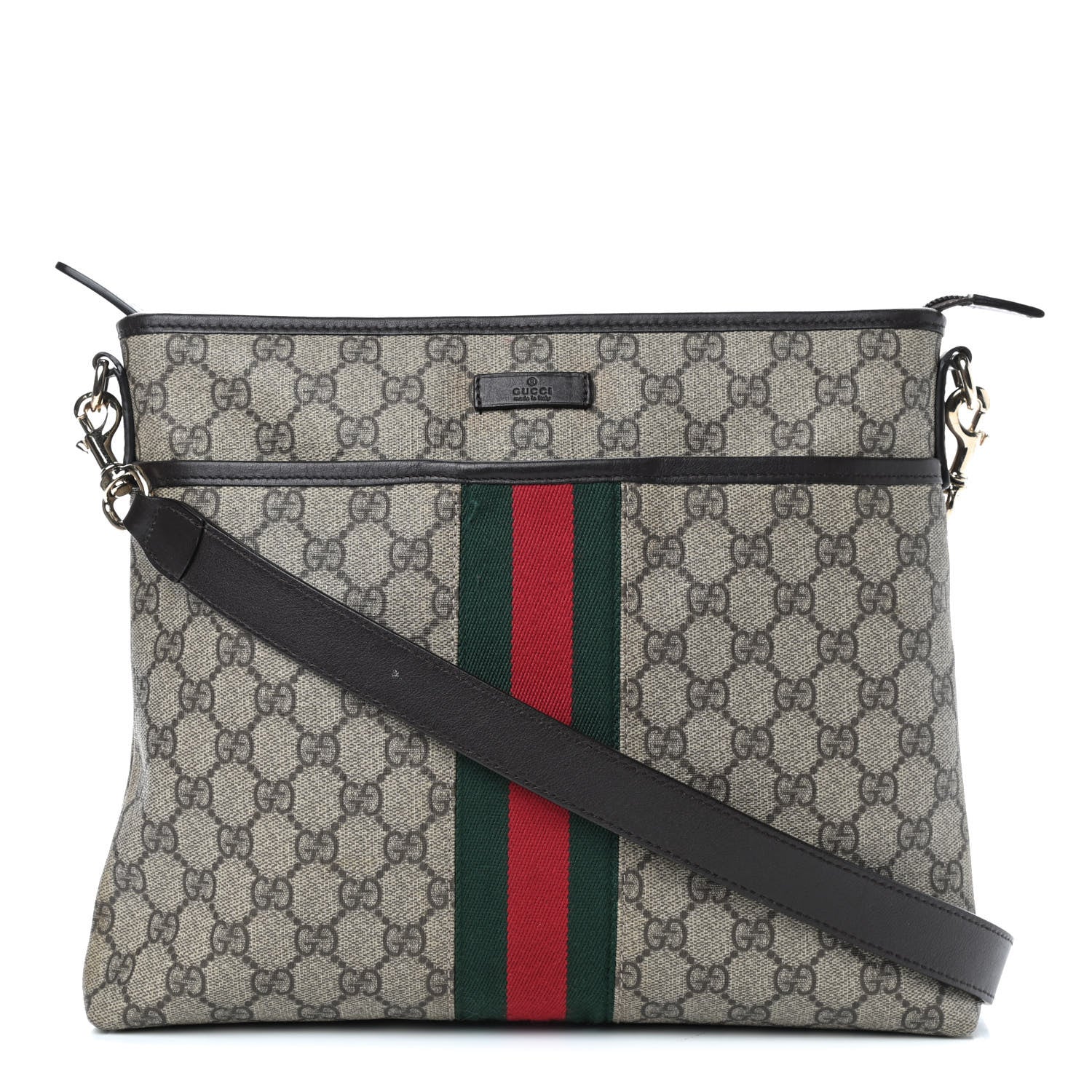 Gucci GG Supreme Monogram Web Flat Messenger Bag Dark Brown 1 of 13