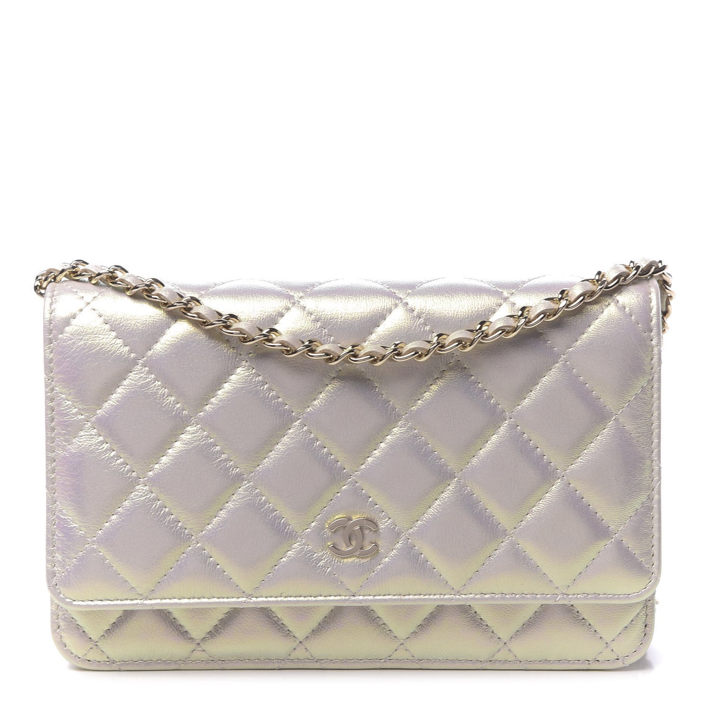 Iridescent Lambskin Quilted Wallet On Chain WOC Ivory