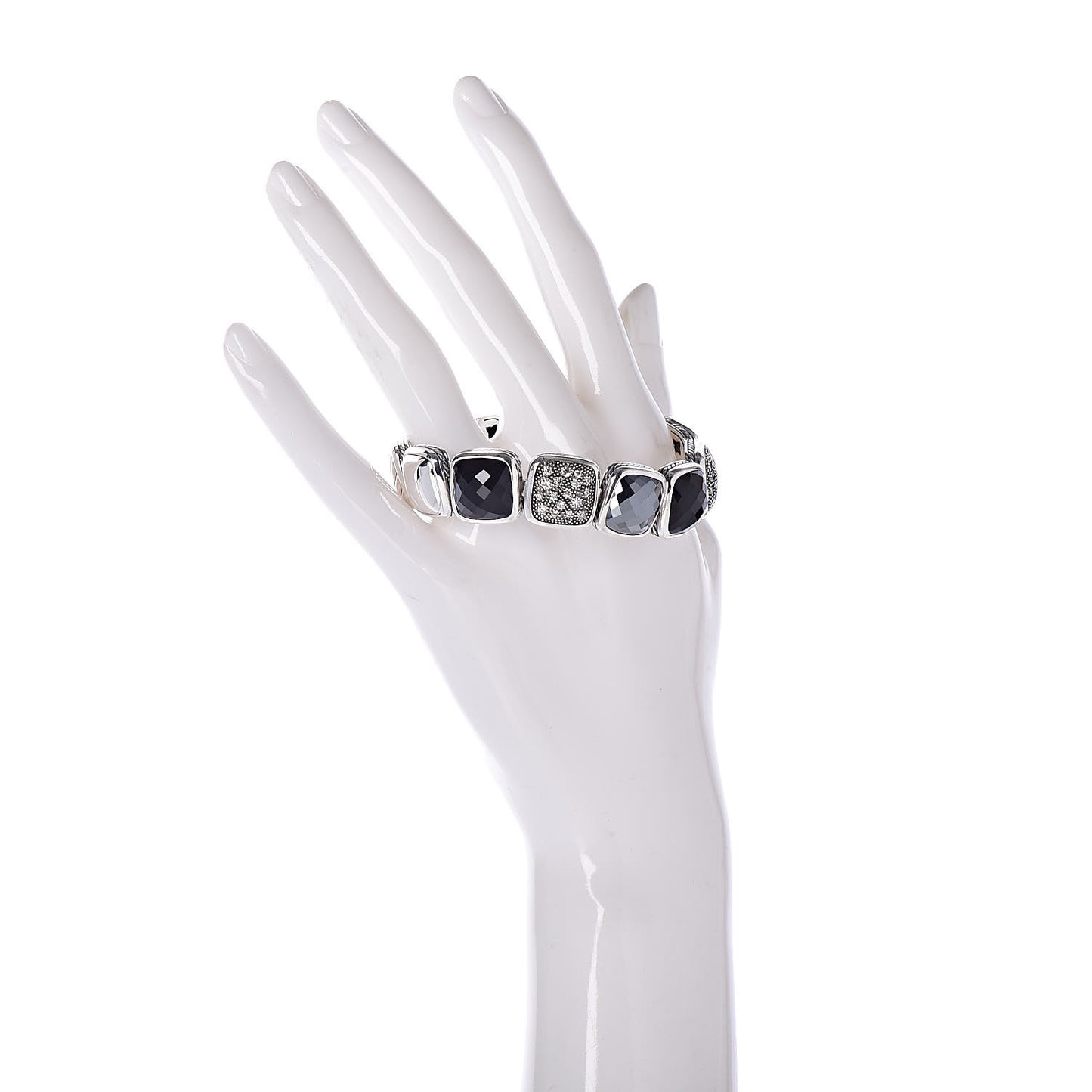 Sterling Silver Diamond Hematite Black Onyx Chiclet One Row Bracelet